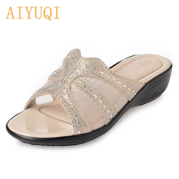 AIYUQI 2020 ženy lete flip flop Vonkajšie trblietavými kamienkami zlaté papuče ploché módne sladké veľká veľkosť 41 42 43 topánky