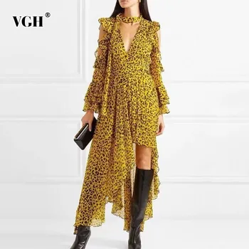 VGH Jar Ženy Vintage Asymetrické Šaty Dlhý Rukáv V Krku Mimo Ramenný Backless Dĺžka Podlahy dámske Módne Oblečenie 2020