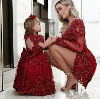 Víno Červené Krátke Šaty Ples 2020 Matka A Dcéra Lištovanie Tylu Formálnej Strany Večerné Šaty Elegantné Dlhé Rukávy Vestido Fiesta
