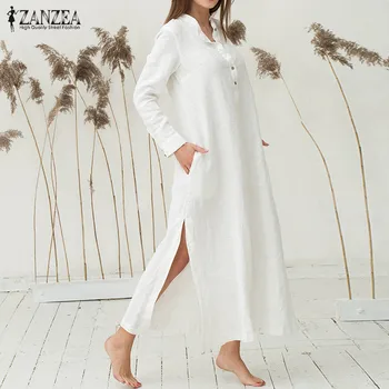ZANZEA Maxi Šaty Žien 2021 Jeseň Príležitostné Voľné Bavlna Vestidos Dlhý Rukáv Sexy Split Lem Župan Femme Dlhé Šaty Plus Veľkosť 5XL