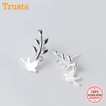 Trusta 925 Sterling Silver Ženy Módne Sladké Drobné Symetria Leaf Vtákov Stud Náušnice Pre Dcéru Dievčatá Darček DS719