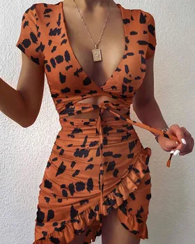 Ženy Lete Mini Šaty Volánikmi Vystrihnúť Leopard Tlač Šaty 2020 Elegantné Módne tvaru Party Šaty