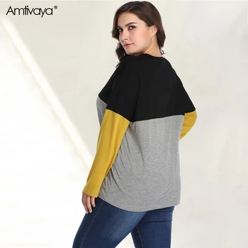 Amtivaya 2020 Dámske Tričko Farebné Patchwork O-Krku Dlhé Rukávy Topy Plus Veľkosť Tees pre Ženy 5XL Módne Veľké Veľkosti, Tričká