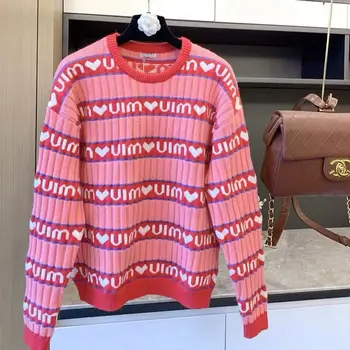 2021 kórejský list Ružový sveter, luxusné značky M**m* krátke vlny sveter list dlhý rukáv pletenie top 2020 sveter ženy