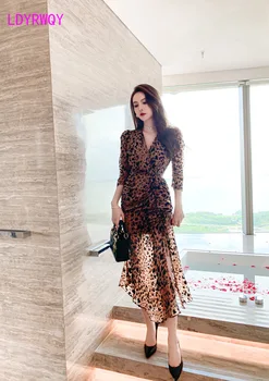 Celebrity jeseň oblečenie nové oblečenie tvaru pás chudnutie leopard tlač šaty Office Lady Polyester Leopard