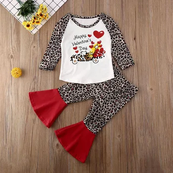 Deti Baby Girl Šaty Sady Valentína Leopard Tlač Dlhý Rukáv T-shirt+Horela Nohavice Oblečenie Jeseň Oblečenie