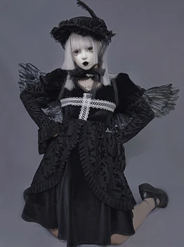 Pôvodné Halloween Kostým Gotický Tmavo Čierne nežnej čipky lístkového dlhý rukáv Duté si Stojan Collardress jeseň dievčatá vestidos