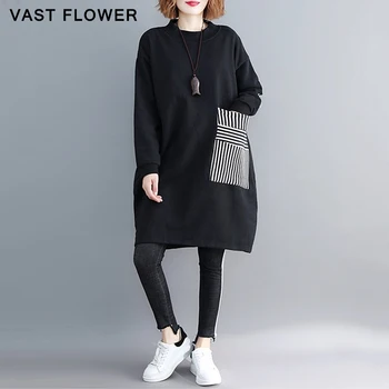 Čierna Bavlna Vintage Plus Veľkosť Šaty Dlhý Rukáv Ženy Zahustiť Prekladané Vrecku Príležitostné Voľné Šaty, Oblečenie Na Jeseň Zima 2020