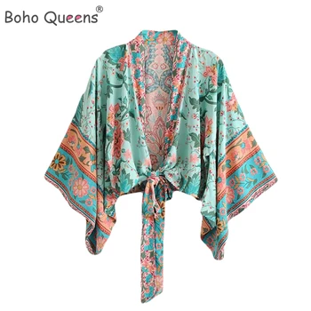 Boho Queens Kvetinový Tlač krátke Krídla Kimono Ženy, Nové Módy V Krku batwing Rukávy Dámske Blúzky Bežné Blusas