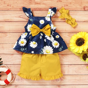 Letné Oblečenie Sady Dievčatá Kvetinový Topy Dievča, T-Shirts+Šortky Deti Nohavice Dieťa Oblečenie Oblečenie Modrá