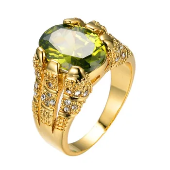 Nové Módne Muž Peridot Oválne Prst Prsteň Luxusné Veľké Krištáľovo Zirkón Kamenný Kruh 14KT Žlté Zlato Sľub Zásnubné Prstene Pre Mužov