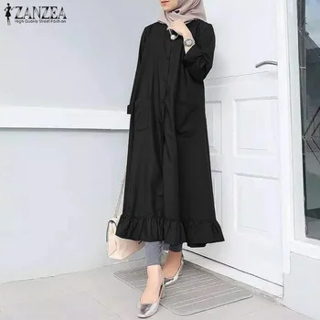 ZANZEA Ženy Moslimské Oblečenie na Jeseň Dlhý Rukáv Volánikmi Sundress Turecko Šaty, Hidžáb Oblečenie Kaftan Bežné Pevné Islamské Oblečenie Abaya
