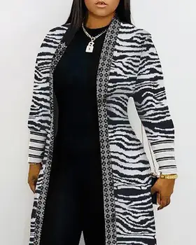 2020 Jeseň Ženy, Módne, Elegantné Bežné Geometrie Zebra Prúžok Tlače Rebrovaný Cardigan Otvoriť Predné Dlhý Rukáv Voľné Cardigan Ženy