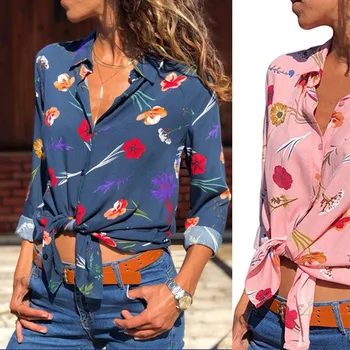 Jeseň 2020 populárne žien multicolor tričko dámske kvetov vytlačené dlhý rukáv Klope tričko pruhované pás dámske Tričko Šifón