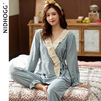 2020 ženské Kimono Pyžamo Jeseň Bavlna, Dlhý Rukáv Sleepwear Sladké Sexy Uviazať Lano Plus Veľkosť Pijamas tvaru Dvoch Dielna Sada
