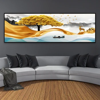 Moderné Zlaté Abstraktné Krajiny Umenie Golden Line Strom a Kameňa, Obrázky, Maľovanie na Stenu Umenia pre Obývacia Izba Domova (Bez Rámu)