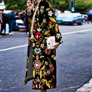 Dámy Kabát Klope Vytlačené Kabát, Bundu Ženy 2020 dámske Oblečenie Casual Módy Beltless Kvetinový Dlhé Šaty