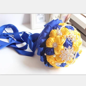 Žltá, Kráľovská Modrá Svadobné Kytice S Krištáľovo Svadobné Kytice Bridesmaid, Umelé Satin Ruže Pre Nevestu Kvety