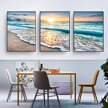 Nástenné Maľby západ Slnka, Mora Vlny Plagát Seascape Beach 3 Ks Plátno, Tlač obrazov na Stenu pre Obývacia Izba Domova Spálňa Umenie