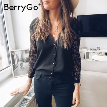 BerryGo tvaru ženy čipky, blúzky, košele Elegantná výšivka oka zena top 2020 Sexy office lady tlačidlo letné blúzky, topy blusas