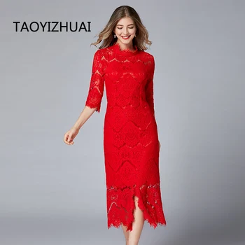 TAOYIZHUAI ženy dlho čipky šaty jeseň nepravidelný krku polovicu rukávmi, červená farba, príležitostné štýl s Asymetrickým plus veľkosť strany vestidos