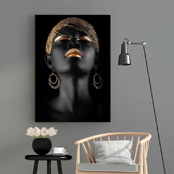 Moderné Čierne Sexy Dievča Pery Fotografie Zlaté Plátno na Maľovanie na Stenu Umenia Pre Obývacia Izba Domova Plagáty a Výtlačky