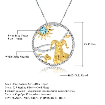 GEM BALET Swiss Natural Blue Topaz 12 Symbolické Zvierat Šperky 925 Sterling Silver Ručné Koza Náhrdelník Prívesok Pre Ženy