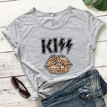 Kiss Leopard Pery Farebné T-shirt Štýlovo Rock And Roll Graphic Tee Top Roztomilý Ženy Tumblr Lumbálna Gepard Tlač Tričko vestido