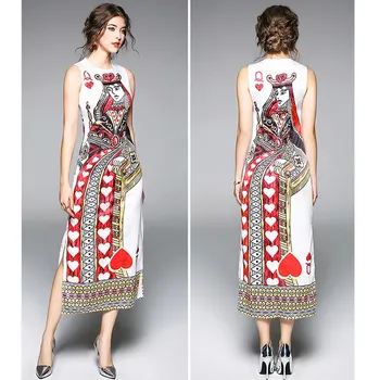 Willstage 2019 Letné Šaty Poker Kráľovná Tlačený Vzor Maxi Šaty Žien Plášť Bez Rukávov Vintage Novinka Elegantné Vestidos