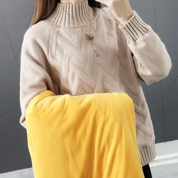 Bežné plus velvet pletený rebrovaný svetre pre ženy zime teplé pevných farieb pulóvre nový príchod kórejský knitwear top žena