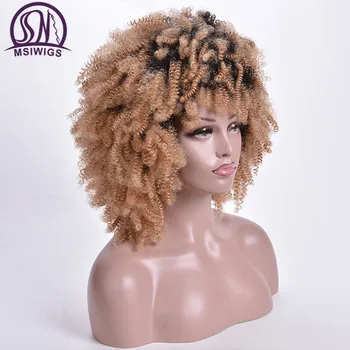 MSIWIGS Krátke Kučeravé Parochne Ombre Blond Afro Syntetické Parochne pre Ženy African American Tmavé Root Prirodzené Vlasy žiaruvzdorné