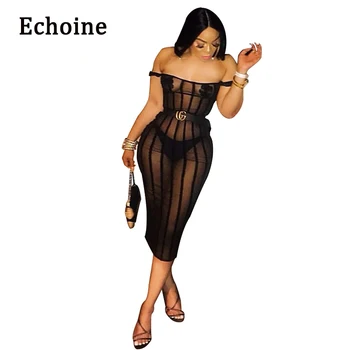 Echoine Ženy Sexy, Priehľadnej Sieťoviny Priesvitných Šatách Lomka Krku Čiernu Farbu Bodycon Šaty Dámske Nočné Party Šaty
