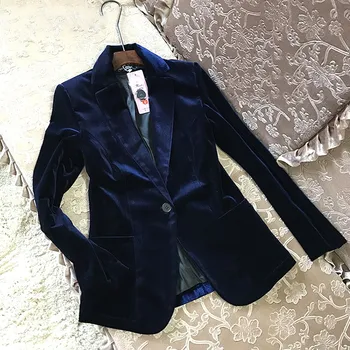 Ženy Zamatové Sako Lady Black Blue Elegantné Obleky, Komplety Pevné Jar Jeseň Plus Veľkosť Dlhý Rukáv Slim Office Blejzre