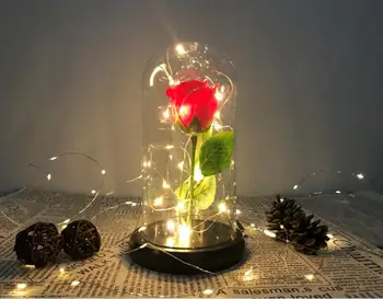 Kráska A Zviera Červená Večná Ruža V Sklenenou Kupolou S LED medi Svetlo Drevený Základ Pre Svadobné valentínsky Deň matiek Darček