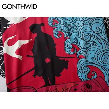 GONTHWID Japonský Samuraj Letiace Žeriavy Vytlačené Kimono Cardigan Košele Bundy Streetwear Hip Hop Bežné Otvoriť Predné Kabát Topy