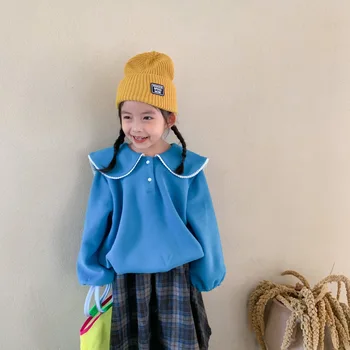 Jesenné a Zimné kórejský štýl bavlna all-zápas pribrala voľné t-shirt s fleece bábiky big čipky klope na módne dieťa dievčatá