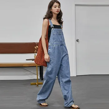 ženy širokú nohu, rovné nohavice voľné veľkú časť džínsové nohavice kombinézach streetwear bežné slim Remienky Japonskom štýle študentov