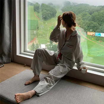 Voľné pruhované pyžamo nastaviť ženy císař šnúrkou nohavice dlhý rukáv topy bežné bavlna japonský štýl sleepwear L255