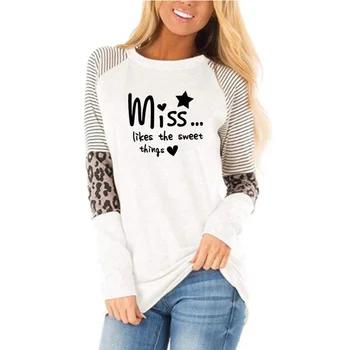 Ženy T-Shirt Miss List Print t shirt O Tvaru Hviezdy Milujú Ženské Bežné Bavlna Jeseň Ženy Dlhý Rukáv T Shirt