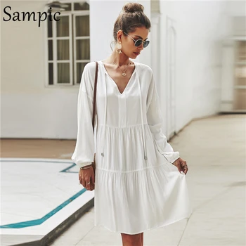 Sampic ženy biele voľné plus veľkosť v krku bežné dlhý rukáv šaty sundress módne vintage boho plážové oblečenie na jar