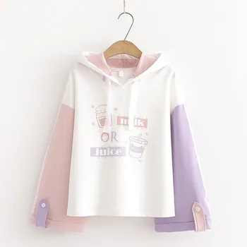 Harajuku Kawaii Dospievajúce Dievčatá Kapucňou Roztomilý Mlieko, Džús Cartoon Ženy Hoody Mikina Mori Vintage Prekladané Sladké pulóver Oblečenie
