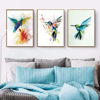 Farebné Abstraktné Kolibrík Trhanie Nektár Wall Art Plátno Na Maľovanie Akvarel Vytlačí Domova Obrázky Obývacia Izba