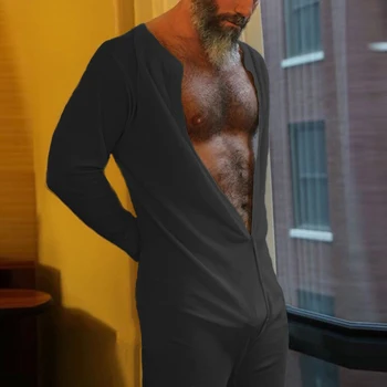 Módne Pánske Pyžamo Jumpsuit Farbou Dlhý Rukáv Pohodlné Tlačidlo Sleepwear Mužov Romper Odev oblečenie pre voľný čas Plus veľkosť S-5XL