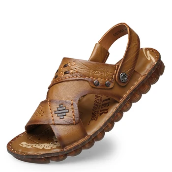 Muži, Sandále, Papuče Skutočné Cowhide Kožené Muž Letné Topánky Vonkajšie Bežné Sandále Pláže Topánky
