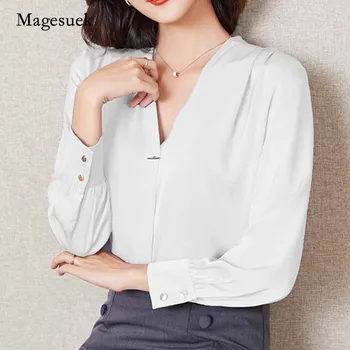 Jeseň 2020 Nové Módne Ženy, Blúzky, Plus Veľkosť Voľné Ženy Topy Tričko Dlhý Rukáv V krku kórejský Saténová Blúzka Blusas Mujer 10853