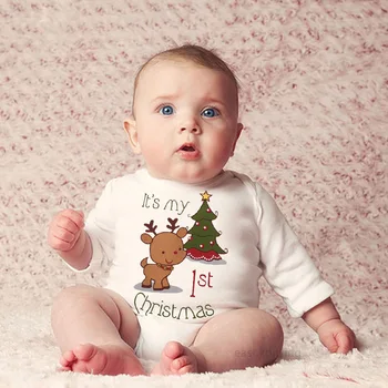 Moja 1. Vianočné Novorodenca Baby Chlapci, Dievčatá Vianočný List Tlač Romper Jumpsuit Oblečenie 3-24m Dieťa Romper Dlhý Rukáv