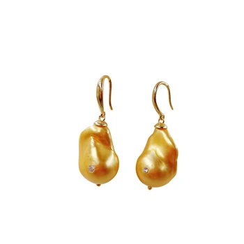Sladkovodná gold pearl náušnice s strieborný háčik 925 - AA gold Pearl s krištáľovo pearl length18-20 mm veľká baroková perla