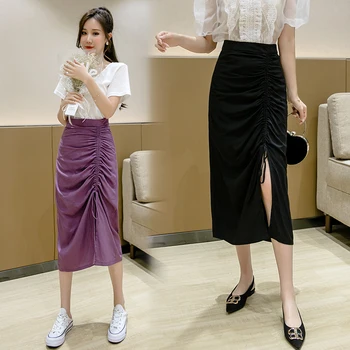 2020 Módne kórejský Bodycon Sukne Ženy Elegantné Vysokým Pásom Šnúrkou Jupe Femme Split Lete Skladaný Dámy Sukne Fialová Čierna