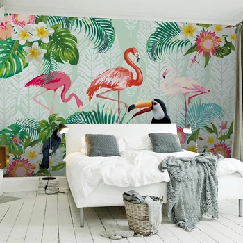 Vlastné Foto nástenná maľba Tropických Rastlín Zelenej Listovej Papagáj Flamingo Pozadí Steny Papiere Domova Obývacia Izba, Spálňa 3D Tapety