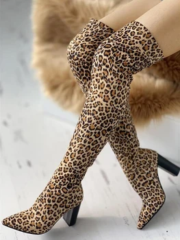 2019 leopard veľká veľkosť 43 Ukázal Prst Nad Kolená, Topánky žena 8 cm vysoké podpätky luxusný Dizajn robustný podpätky dámske Topánky žena